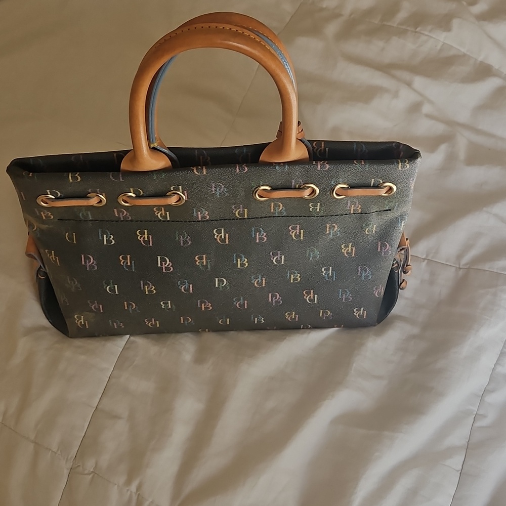 Dooney & Bourke Black Multicolor Monogram Satchel with Tan Leather Handles - Picture 3 of 7
